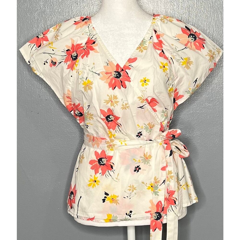 Women's Gap Short Sleeve Wrap Top in White Floral Print 100% Cotton Sz S